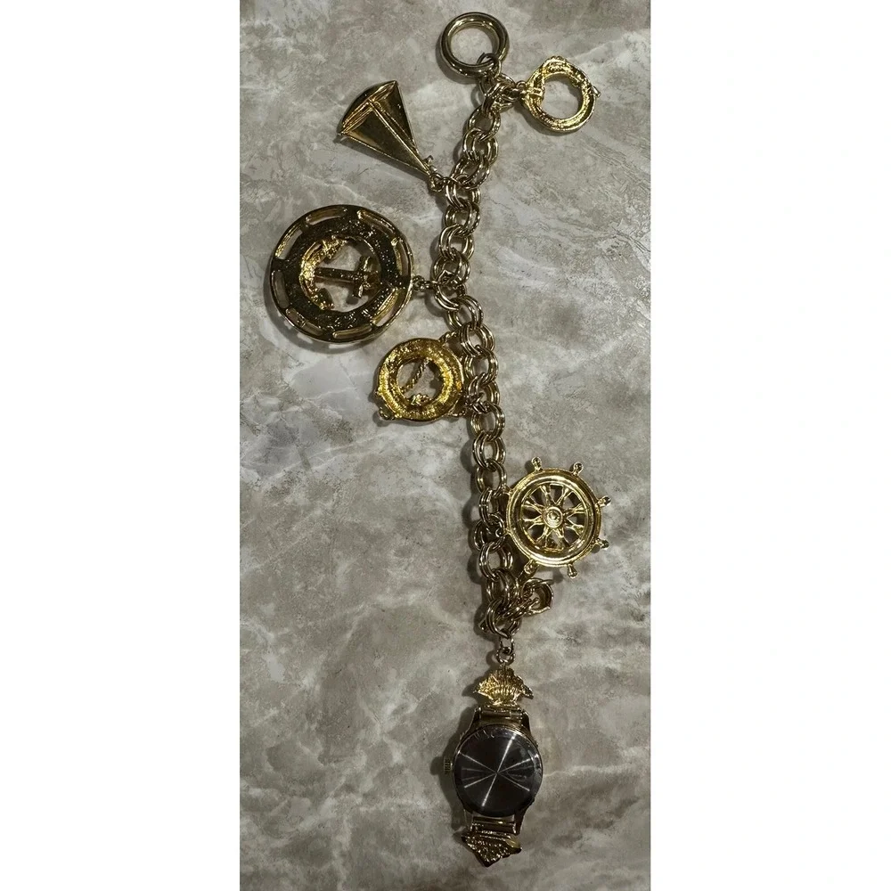 Pedre Women Round‎ Watch Gold Tone Sea Ship Charms Quartz New Battery Vintage